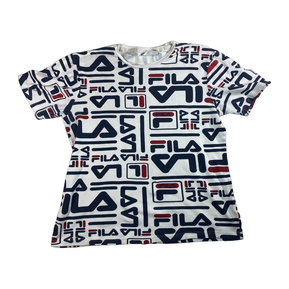 Fila All Over Print Logo T-Shirt White‎ Red Blue Mens Size Large Streetwear